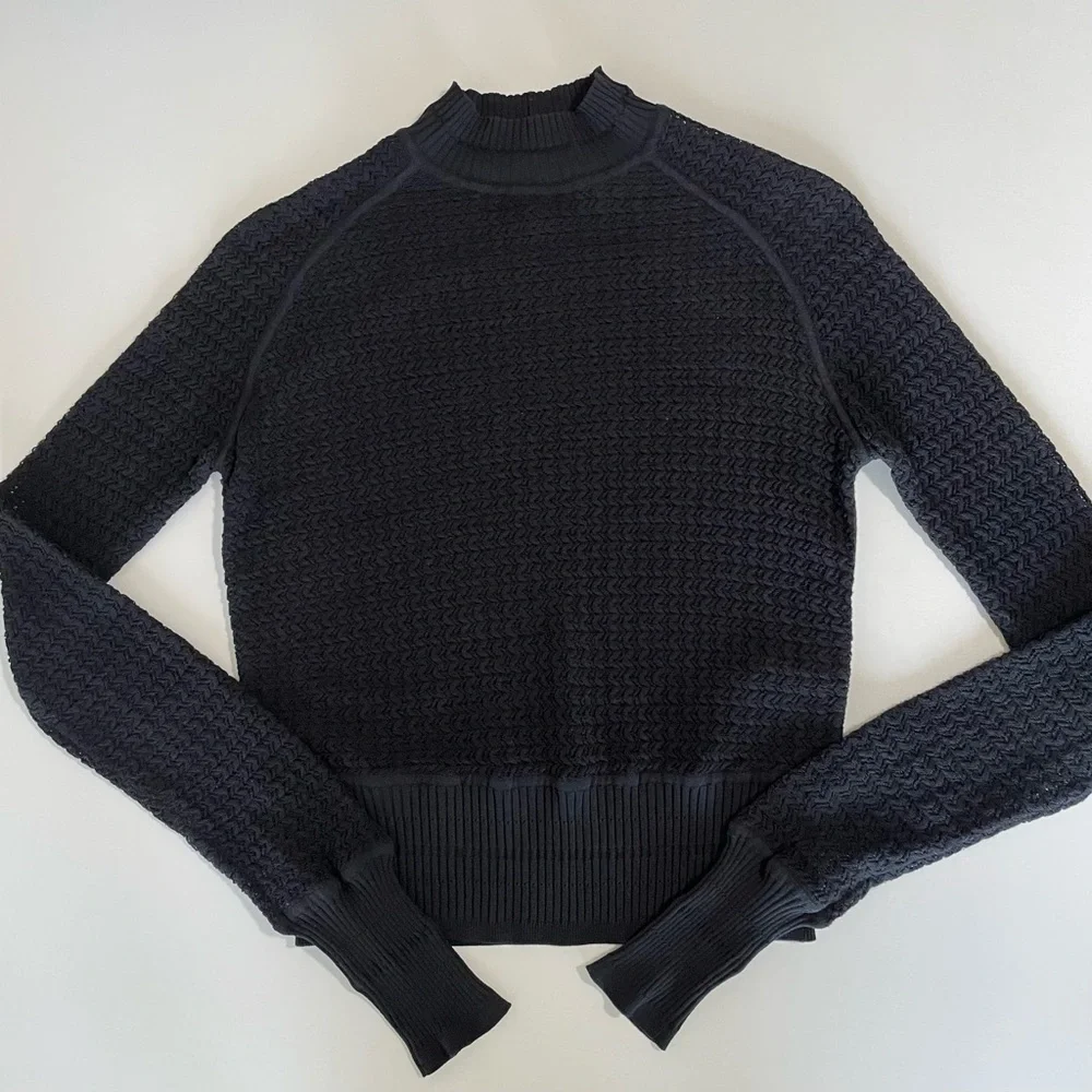 Alexander Wang Open Knit Mock Neck Sweater Top Cropped Slim Fit Black Medium